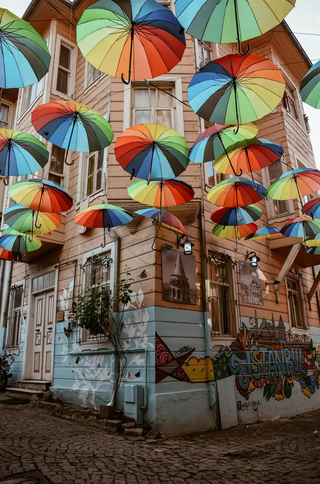 A street corner in Istanbul with colored umbrellas