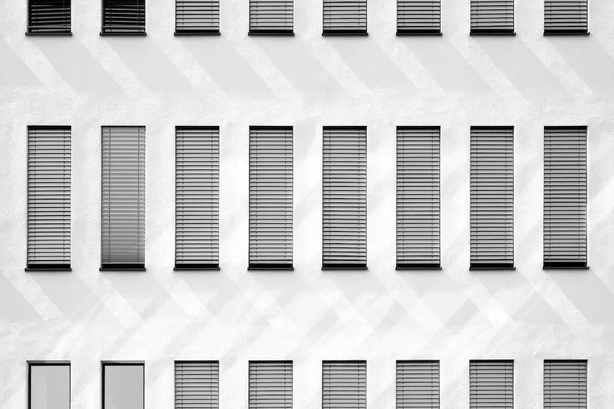 Black and white building photo of windows